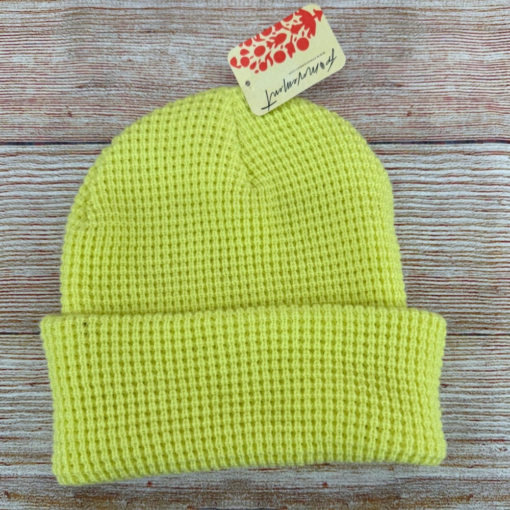 FP Movement Free People Waffle Knit Beanie Neon Yellow Green Cuffed Hat OS NWT